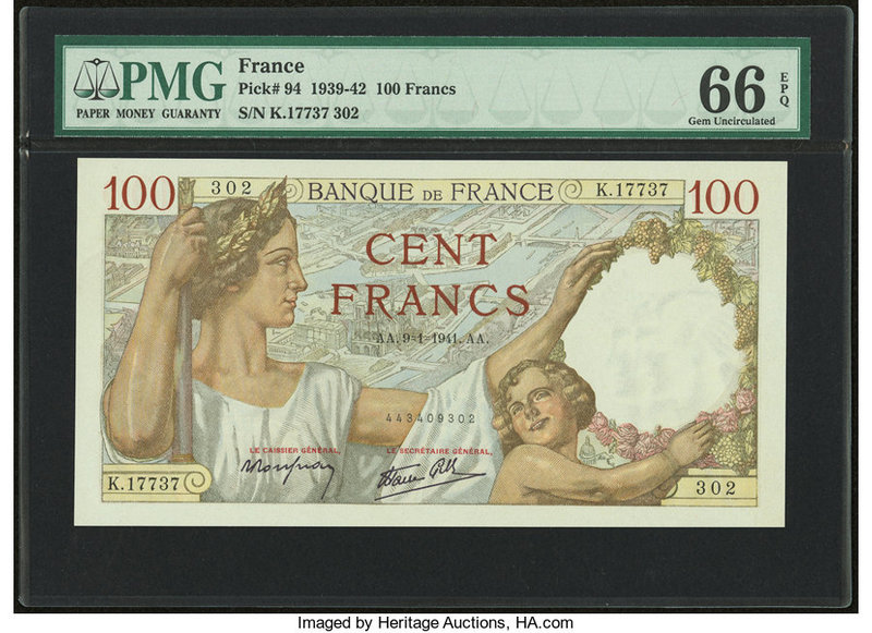 France Banque de France 100 Francs 9.1.1941 Pick 94 PMG Gem Uncirculated 66 EPQ....