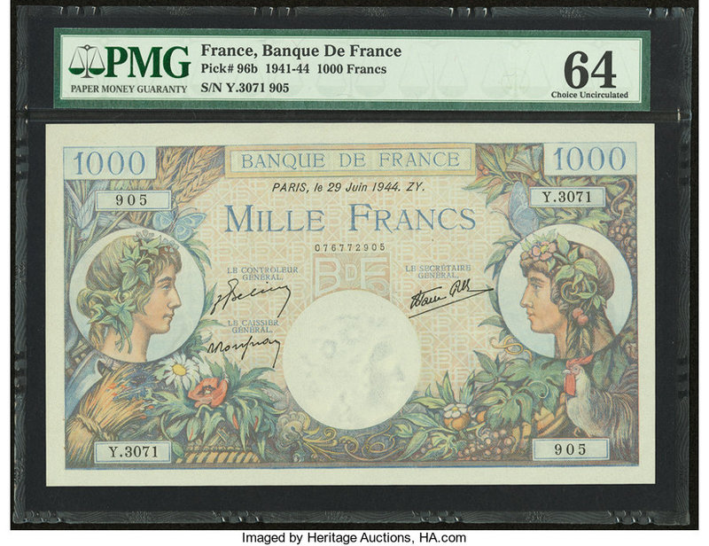 France Banque de France 1000 Francs 12.6.1944 Pick 96b PMG Choice Uncirculated 6...