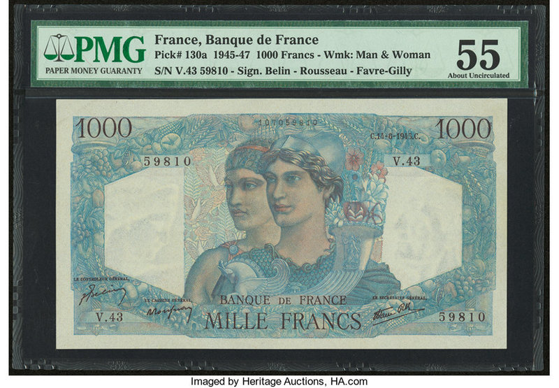 France Banque de France 1000 Francs 14.6.1945 Pick 130a PMG About Uncirculated 5...
