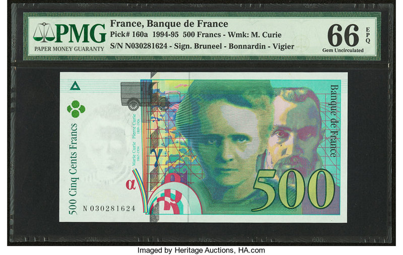 France Banque de France 500 Francs 1994-95 Pick 160a PMG Gem Uncirculated 66 EPQ...