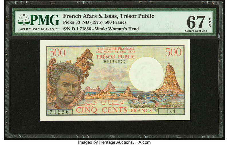 French Afars & Issas Tresor Public 500 Francs ND (1975) Pick 33 PMG Superb Gem U...