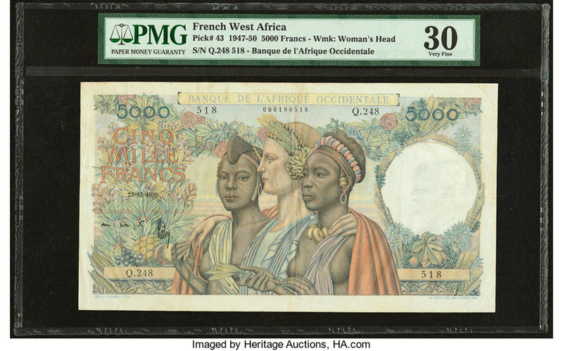 French West Africa Banque de l'Afrique Occidentale 500 Francs 22.12.1950 Pick 43...