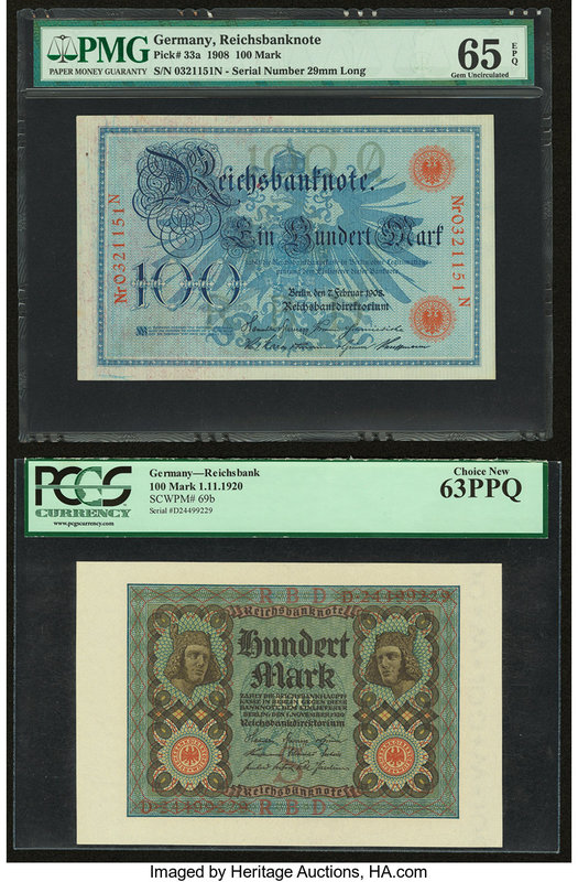 Germany Reichsbanknote 100 Mark 7.2.1908 Pick 33a; 100 Mark 1.11.1920 Pick 69b; ...