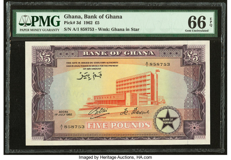 Ghana Bank of Ghana 5 Pounds 1962 Pick 3d PMG Gem Uncirculated 66 EPQ. 

HID0980...