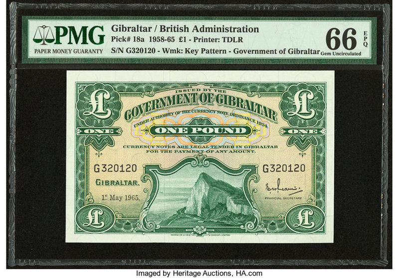 Gibraltar Government of Gibraltar 1 Pound 1.5.1965 Pick 18a PMG Gem Uncirculated...