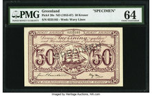 Greenland Den Kongelige Gronlandske Handel 50 Kroner ND (1953-67) Pick 20s Specimen PMG Choice Uncirculated 64. Cancelled perforated. 

HID09801242017