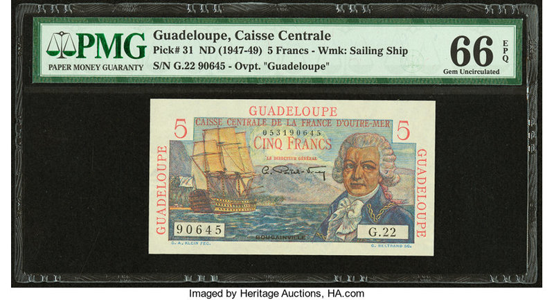 Guadeloupe Caisse Centrale de la France d'Outre-Mer 5 Francs ND (1947-49) Pick 3...