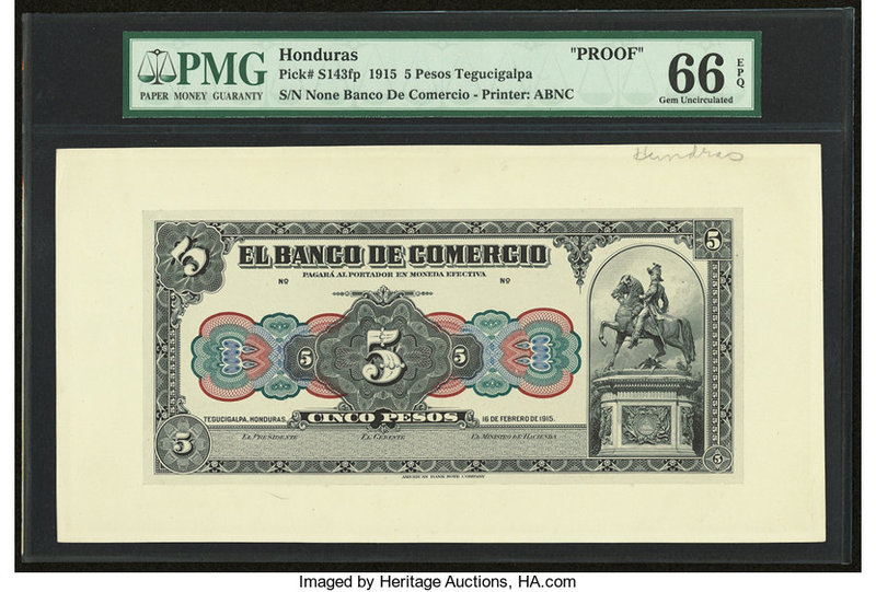 Honduras Banco de Comercio 5 Pesos 16.2.1915 Pick S143fp Front Proof PMG Gem Unc...