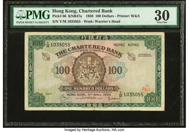 Hong Kong Chartered Bank 100 Dollars 9.4.1959 Pick 66 PMG Very Fine 30. Ink stam...