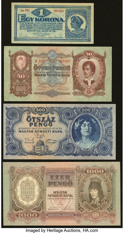 Hungary Magyar Nemzeti Bank 1 Korona 1.1.1920 Pick 57; 50 Pengo 1.10.1932 Pick 9...