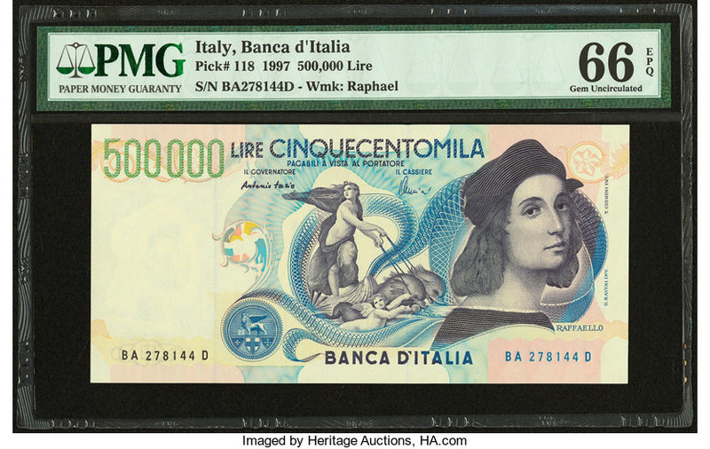 Italy Banca d'Italia 500,000 Lire 6.5.1997 Pick 118 PMG Gem Uncirculated 66 EPQ....