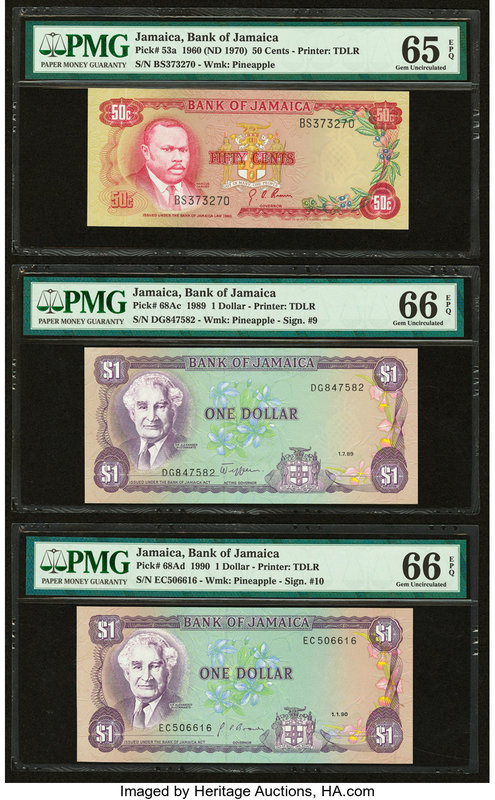 Jamaica Bank of Jamaica Lot Of Seven PMG Graded Examples. 50 Cents 1960 (ND 1970...