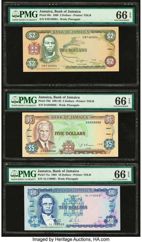 Jamaica Bank of Jamaica Lot Of Six PMG graded Examples. 2; 5 Dollars 1.7.1989; 1...