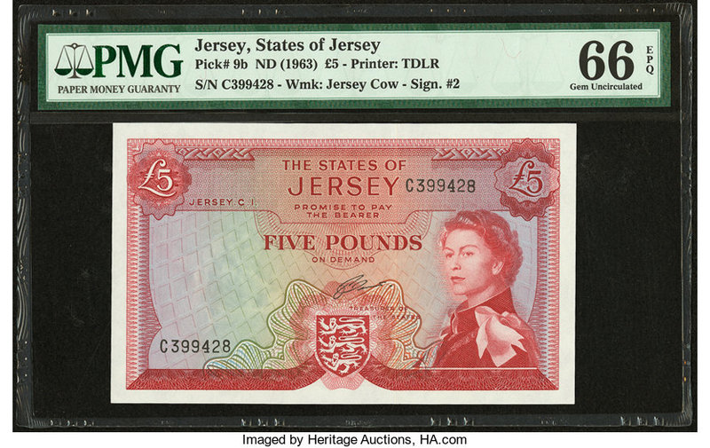 Jersey States of Jersey 5 Pound ND (1963) Pick 9b PMG Gem Uncirculated 66 EPQ. 
...