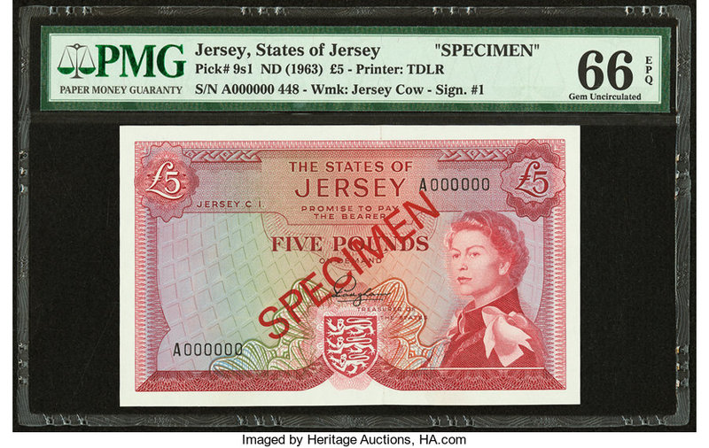 Jersey States of Jersey 5 Pounds ND (1963) Pick 9s1 Specimen PMG Gem Uncirculate...