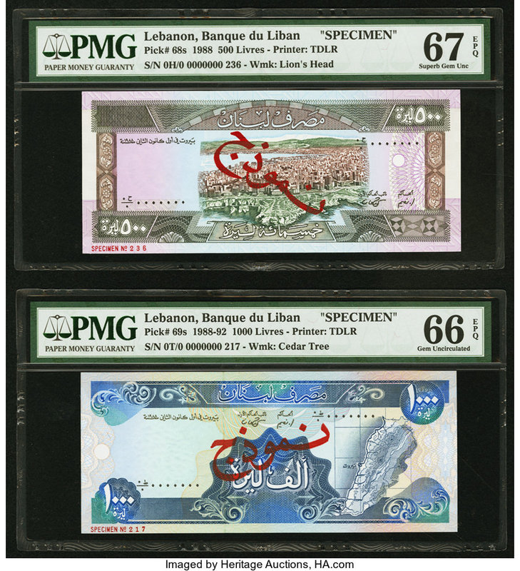 Lebanon Banque du Liban 500; 1000 Livres 1988-92 Pick 68s; 69s Pair of Specimen ...