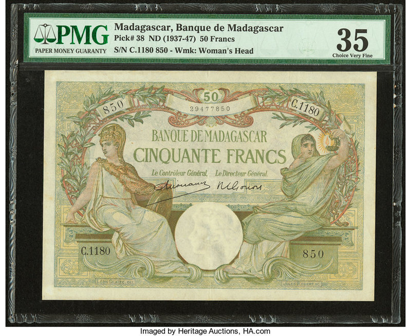 Madagascar Banque de Madagascar 50 Francs ND (1937-47) Pick 38 PMG Choice Very F...