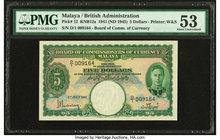 Malaya Board of Commissioners of Currency 5 Dollars 1.7.1941 Pick 12 PMG About Uncirculated 53. Fairly low number from first prefix. 

HID09801242017