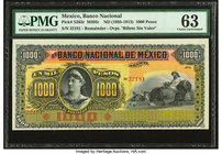Mexico Banco Nacional de Mexicano 1000 Pesos ND (1885-1913) Pick S263r M305r Remainder PMG Choice Uncirculated 63. Previously mounted; Red Billete Sin...