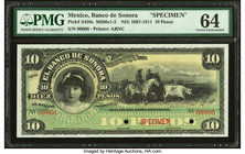 Mexico Banco de Sonora 10 Pesos ND (1897-1911) Pick S420s M508s1-2 Specimen PMG Choice Uncirculated 64. Two POCs.

HID09801242017