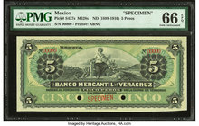 Mexico Banco Mercantil De Veracruz 5 Pesos ND (1898-1910) Pick S437s M528s Specimen PMG Gem Uncirculated 66 EPQ. Two POCs.

HID09801242017