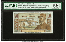 Saint Pierre and Miquelon Caisse Centrale de la France d'Outre Mer 20 Francs ND (1950-60) Pick 24 PMG Choice About Unc 58 EPQ. 

HID09801242017