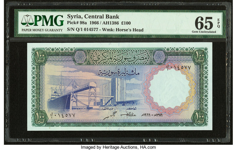 Syria Central Bank of Syria 100 Pounds 1966 Pick 98a PMG Gem Uncirculated 65 EPQ...