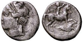 GRECHE - CALABRIA - Taranto - Didracma - Testa di Satyra a s. /R Cavaliere nudo a d. incorona il cavallo Mont. 1631 (AG g. 6,69)
meglio di MB