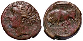 GRECHE - SICILIA - Siracusa - Agatocle (317-289 a.C.) - AE 21 - Testa di Persefone a s. /R Toro cozzante a s., sopra una clava e lettera T; in esergo ...
