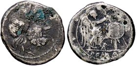 ROMANE REPUBBLICANE - ANONIME - Monete con simboli o monogrammi (211-170 a.C.) - Vittoriato (Vibo) - Testa di Giove a d. /R La Vittoria a d. incorona ...