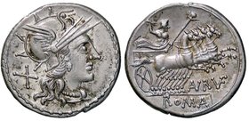 ROMANE REPUBBLICANE - AURELIA - Aurelius Rufus (144 a.C.) - Denario - Testa di Roma a d. /R Giove su quadriga verso d. B. 19; Cr. 221/1 (AG g. 4,12) L...