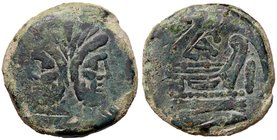 ROMANE REPUBBLICANE - CLOVIA - B. Aemilia (169-158 a.C.) - Asse - Testa di Giano /R Prua di nave a d., sopra AP in monogramma Cr. 176/1 (AE g. 28,54)...