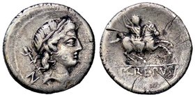 ROMANE REPUBBLICANE - CREPUSIA - Pub. Crepusius (82 a.C.) - Denario - Testa di Apollo a d., dietro uno scettro /R Cavaliere al galoppo a d. con lancia...