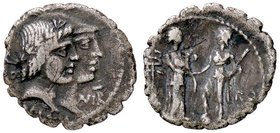 ROMANE REPUBBLICANE - FUFIA - Q. Fufius Calenus e Mucius Cordius (70 a.C.) - Denario serrato - Teste dell'Onore e del Valore accodate verso d. /R L'It...