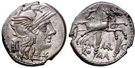 ROMANE REPUBBLICANE - MARCIA - M. Marcius Mn. f. (134 a.C.) - Denario - Testa di Roma a d., dietro un moggio /R La Vittoria su biga verso d.; sotto, d...