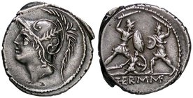 ROMANE REPUBBLICANE - MINUCIA - Q. Minucius Thermus M. f. (103 a.C.) - Denario - Testa di Marte a s. /R Due guerrieri che combattono; fra di loro, un ...
