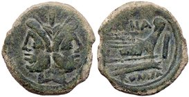 ROMANE REPUBBLICANE - MURENA - L. Licinius Murena (169-158 a.C.) - Asse - Testa di Giano /R Prua di nave a d., sopra MVRENA Cr. 186/1 (AE g. 22,32)
q...