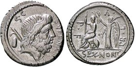 ROMANE REPUBBLICANE - NONIA - M. Nonius Sufenas (59 a.C.) - Denario - Testa di Saturno a d.; dietro, arpa e un oggetto conico /R Roma seduta su scudi ...