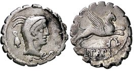ROMANE REPUBBLICANE - PAPIA - L. Papius (79 a.C.) - Denario serrato - Testa di Giunone Sospita a d. /R Grifone a d.; sotto, un simbolo B. 1; Cr. 384/1...