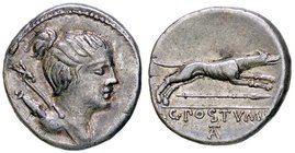 ROMANE REPUBBLICANE - POSTUMIA - C. Postumius (74 a.C.) - Denario - Busto di Diana a d. con arco e faretra /R Cane che corre verso d.; sotto una lanci...
