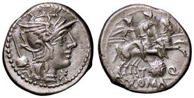 ROMANE REPUBBLICANE - QUINCTIA - Ti. Quinctius Flaminius (126 a.C.) - Denario - Testa di Roma a d.; dietro, un apex /R I Dioscuri a cavallo verso d.; ...
