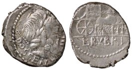 ROMANE REPUBBLICANE - RUBRIA - L. Rubrius Dossenus (87 a.C.) - Denario - Testa di Giove a d. con scettro sulla spalla /R Carro trionfale trainato da q...