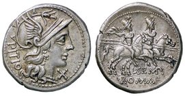 ROMANE REPUBBLICANE - SEMPRONIA - L. Sempronius Pitio (148 a.C.) - Denario - Testa di Roma a d. /R I Dioscuri a cavallo verso d. B. 2; Cr. 216/1 (AG g...