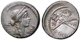 ROMANE REPUBBLICANE - SICINIA - Q. Sicinius (49 a.C.) - Denario - Testa della Fortuna a d. /R Caduceo alato e palma incrociati sormontati da una coron...