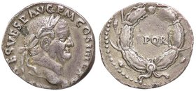 ROMANE IMPERIALI - Vespasiano (69-79) - Denario - Testa laureata a d. /R S P Q R entro corona C. 516; RIC 66b (AG g. 3,31) Bella patina di antica racc...