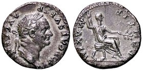 ROMANE IMPERIALI - Vespasiano (69-79) - Denario - Busto laureato a d. /R Vespasiano seduto a d. con scettro e ramo d'ulivo C. 386; RIC 83 (AG g. 2,47)...