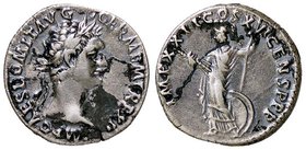 ROMANE IMPERIALI - Domiziano (81-96) - Denario - Busto laureato a d. /R Minerva stante a s. con fulmine, lancia e scudo ai suoi piedi C. 279 (AG g. 3,...