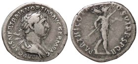 ROMANE IMPERIALI - Traiano (98-117) - Denario - Busto laureato e drappeggiato a d. /R Marte andante a d. con lancia e trofeo C. 190 (AG g. 3,04)
qBB