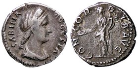 ROMANE IMPERIALI - Sabina (moglie di Adriano) - Denario - Busto drappeggiato e diademato a d. /R La Concordia seduta a s. con patera e scettro C. 24/5...