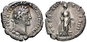 ROMANE IMPERIALI - Antonino Pio (138-161) - Denario - Testa laureata a d. /R La Tranquillità stante a d. con timone e spighe C. 825; RIC 202 (AG g. 3,...
